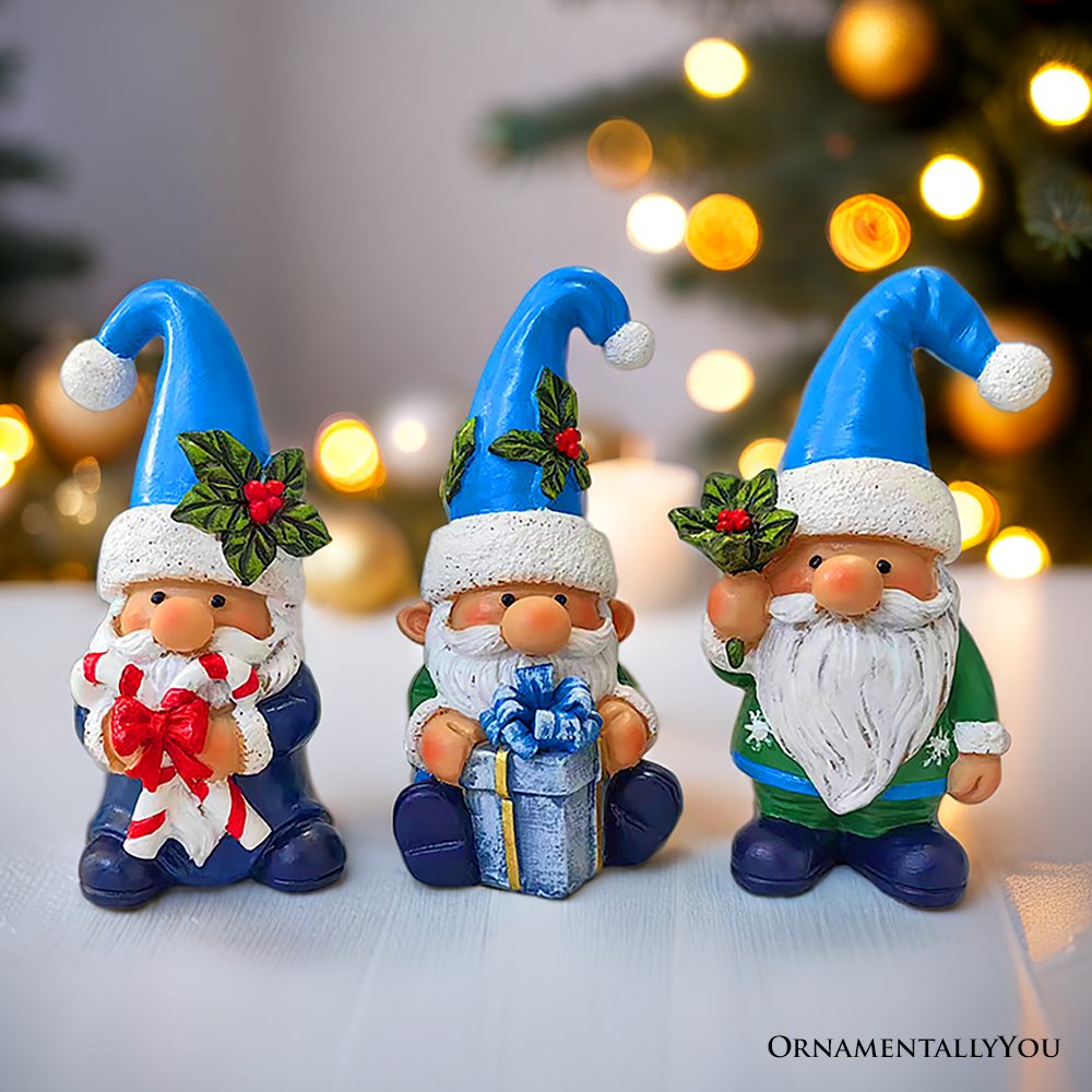 (Pre-Order) Sky Blue Hat Festive Holiday Gnome Set of Three Miniature Christmas Tabletop Figurine Statues