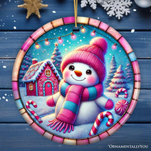 Load image into Gallery viewer, Snowman Candyland Pink Themed Ornament, Gift for Cozy Christmas Winter Wonderland
