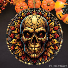Carregar imagem no visualizador da galeria, Spine-Chilling Haunting Skull Stained Glass Style Ceramic Ornament, Halloween Themed Christmas Gift and Decor
