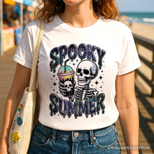 Load image into Gallery viewer, Spooky Summer Skeleton T-Shirt, Snarky Halloween Tee for Coffee and Horror Fanatics
