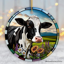 Carregar imagem no visualizador da galeria, Stained Glass Bucolic Farm Cow Scene in the Pasture Ornament
