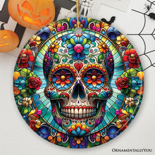 Load image into Gallery viewer, Sugar Skull Stained Glass Themed Ceramic Ornament, Day of the Dead Mexican Christmas Gift

