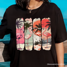 Load image into Gallery viewer, Summer Flamingo Beach T-Shirt, Retro Vacation Black Tropical Sunset Tee
