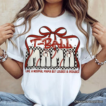 Carregar imagem no visualizador da galeria, T-Ball Mama Coquette Red Bow T-Shirt, Retro White and Natural Tee for Proud Sports Moms
