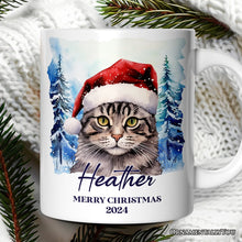 Carregar imagem no visualizador da galeria, Tabby Cat with Santa Hat Personalized Mug, Winter Forest Christmas Gift With Custom Name and Date
