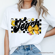 Load image into Gallery viewer, Teach Checkered Coquette Bow T-Shirt, White and Natural Retro Tee for Trendy Teachers
