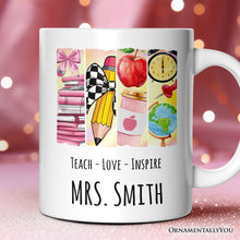 Carregar imagem no visualizador da galeria, Teach Love Inspire Personalized Mug, Watercolor Teacher Gift with Custom Name
