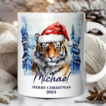 Carregar imagem no visualizador da galeria, Tiger with Santa Hat Personalized Mug, Winter Forest Christmas Gift With Custom Name and Date
