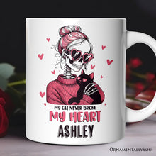 Carregar imagem no visualizador da galeria, Valentine Day Girl Skeleton Personalized Mug, My Cat Never Broke My Heart Funny Gift With Custom Name
