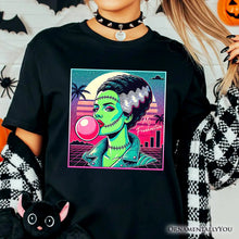 Load image into Gallery viewer, Vaperwave Mrs Frankenstein Retro Neon Horror T-Shirt, Synthwave 80's Styled Classic Halloween Tee
