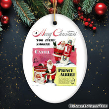 Load image into Gallery viewer, Vintage Christmas Smoking Advertisement Ceramic Ornament, 1940s Camel Cigarette Retro Collectible
