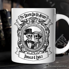 Load image into Gallery viewer, Vintage Skeleton Lovers Til' Death Do us Apart, Personalized Mug, Classic Antique Halloween Gift for Couples
