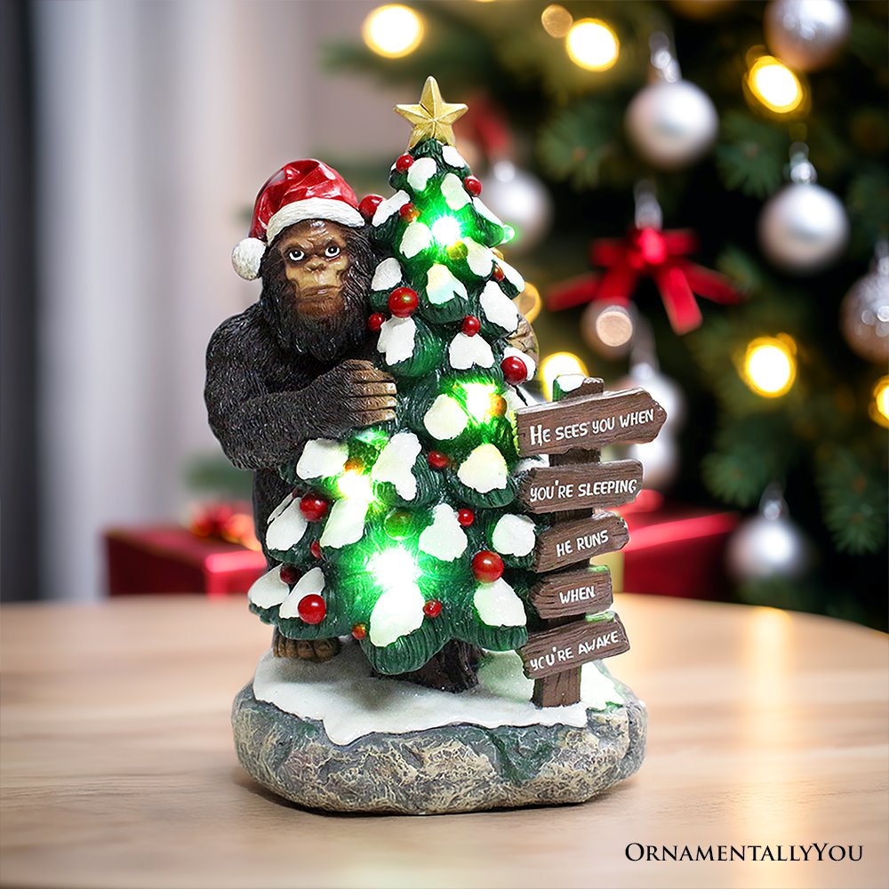 Whimsical Bigfoot Behind Christmas Tree Figurine, 7.5
