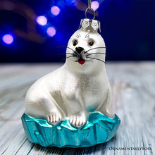 Load image into Gallery viewer, White Seal on a Glacier Glass Christmas Ornament, Pinnipeds and Sea Lion Themed Decor
