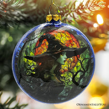 Load image into Gallery viewer, Witch and Black Cat Stained Glass Handblown Ornament, Spooky Halloween and Christmas Tree Decor
