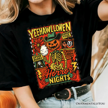 Cargar imagen en el visor de la galería, Yee Haw Halloween Retro Pumpkin Skeleton T-Shirt, Spooky Country Western Tee for Fall
