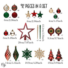 Load image into Gallery viewer, Alluring Large Christmas Ornament Set, Unique Red Green and Gold Baubles, 92 Charms and Snow Covered Trees with Dark Red Tree Topper
