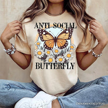 Carregar imagem no visualizador da galeria, Anti Social Butterfly T-Shirt, Retro White and Natural Tee for Quirky and Independent Women
