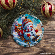 Carregar imagem no visualizador da galeria, Arctic Sleigh Snowman’s Magical Ride Christmas Ornament, Handmade Frosty Winter Gift
