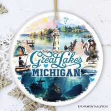 Carregar imagem no visualizador da galeria, Artistic Great Lakes Michigan State Ornament, Ceramic Landscapes and Travel Souvenir and Gift
