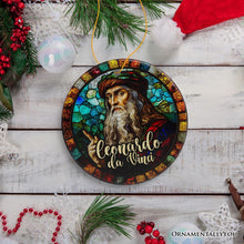 Carregar imagem no visualizador da galeria, Artistic Leonardo da Vinci Self-Portrait in Stained Glass Themed Christmas Ornament, Medieval Renaissance Italy Keepsake
