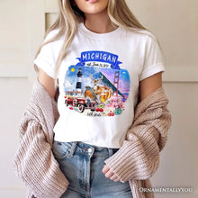 Carregar imagem no visualizador da galeria, Artistic Michigan State Themes and Landmarks T-Shirt, Tee for History and Travel Lovers

