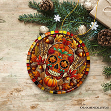 Carregar imagem no visualizador da galeria, Autumn Harvest Sugar Skull Ornament, Vibrant Fall Foliage Christmas Gift and Decor

