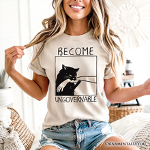 Load image into Gallery viewer, Become Ungovernable Black Cat T-Shirt, Bites Hand Humorous Meme Tee
