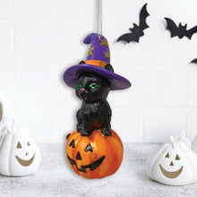 Carregar imagem no visualizador da galeria, Black Cat on Pumpkin Spooky Glass Christmas Ornament, Witch Hat Halloween Theme
