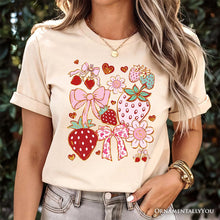 Carregar imagem no visualizador da galeria, Boho Strawberry Coquette T-Shirt, Cute Bow and Floral White and Natural Tee for Sweet and Stylish Women
