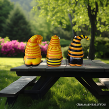 Load image into Gallery viewer, Buzzy Trio Set of Three Bumble Bee Gnome Figurines, 6&quot; Tiered Tray Home or Garden Decoration
