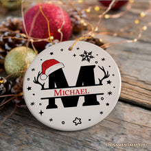Cargar imagen en el visor de la galería, Christmas Split Monogram Alphabet with Antler and Santa Hat Personalized Ornament, Custom Name
