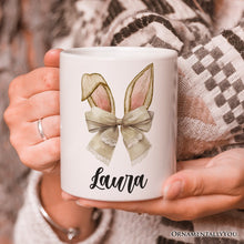 Load image into Gallery viewer, Coquette Bow Bunny Ears Personalized Mug, Aesthetic Spring Vibes Gift With Custom Name
