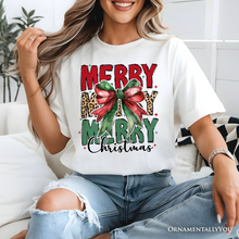 Cargar imagen en el visor de la galería, Coquette Merry Christmas Bow T-Shirt, Festive Leopard Holiday Tee
