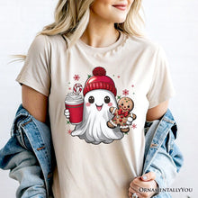 Load image into Gallery viewer, Cute Ghost Christmas T‑Shirt, Adorable Gingerbread and Cocoa Holiday Tee

