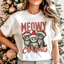 Load image into Gallery viewer, Cute Meowy Christmas T-Shirt, Baby Cat In Santa Hat Holiday Tee
