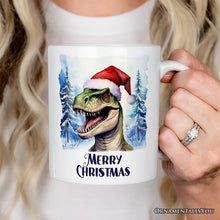 Load image into Gallery viewer, Dinosaur with Santa Hat Personalized Mug, Winter Forest Christmas Gift With Custom Name and Date
