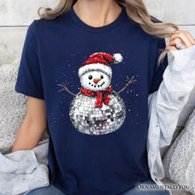 Load image into Gallery viewer, Disco Snowman Christmas T‑Shirt, Retro Holiday Tee for Dancers
