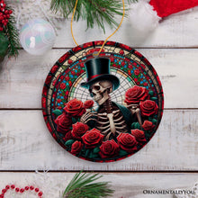 Load image into Gallery viewer, Elegant Bones Top-Hat Skeleton with Roses Stained Glass Style Ceramic Ornament, Halloween Themed Christmas Gift and Decor
