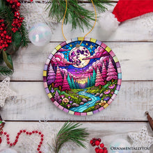 Load image into Gallery viewer, Enchanted Forest Glow Pink Themed Ornament, Mystical Moonlit Landscape Gift and Decor
