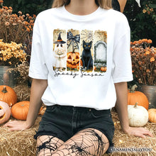 Carregar imagem no visualizador da galeria, Fall Spooky Season Brushstroke T-Shirt, Coquette Vintage Ghost, Cat and Pumpkin Tee

