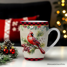 Load image into Gallery viewer, Festive Country Plaid Set of 4 Ceramic Mugs with Real Gold Trim, Christmas Kitchen Coffee Cup Gift with Santa, Cardinal, Deer, and Snowman
