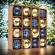 Carregar imagem no visualizador da galeria, Festive Gold and Frosted Blue Assorted Ornament Bauble Bundle, Set of 16 Elegant Christmas Balls

