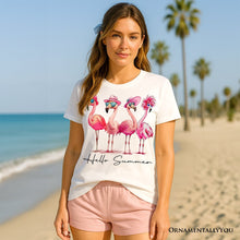 Carregar imagem no visualizador da galeria, Flamingo Hello Summer T-Shirt, White and Natural Retro Tee with Tropical Birds
