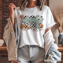 Carregar imagem no visualizador da galeria, Floral Mama Checkered T-Shirt, White, Natural and Black Retro Tee for Stylish Mothers
