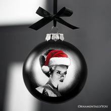 Carregar imagem no visualizador da galeria, Frankenstein&#39;s Bride Christmas Spooky Portrait Glass Ornament, Black Horror Halloween Tree Decoration
