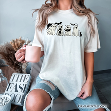 Load image into Gallery viewer, Ghosts and Cats Spooky T-Shirt, Whimsical Halloween Tee for Cozy Autumn Season
