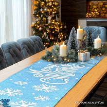 Carregar imagem no visualizador da galeria, Gracefully Artful Winter Cabin 72&quot; Table Runner, Merry Christmas Blue Rectangle Tablecloth with Snowflakes
