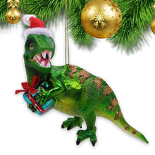 Carregar imagem no visualizador da galeria, Green Christmas T-Rex Glass Ornament
