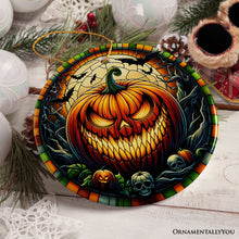 Carregar imagem no visualizador da galeria, Grim Grinning Gourd Pumpkin Decor Stained Glass Style Ceramic Ornament, Halloween Themed Christmas Gift
